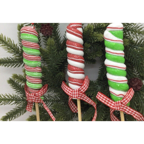 3 Spiral Lollipop Christmas Ornaments Peppermint Green Red White Gingham Bow New - Picture 3 of 3